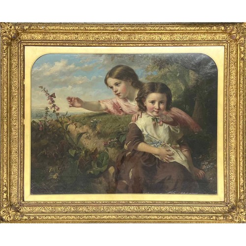 705 - John Thomas Peele RBA., (1822-1897) - Two young girls picking flowers in a summer landscape, one rea... 