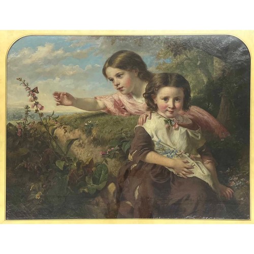 705 - John Thomas Peele RBA., (1822-1897) - Two young girls picking flowers in a summer landscape, one rea... 