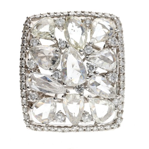 322 - Impressive 18ct white gold diamond rectangular dress ring with set shoulders, set with pear shaped r... 