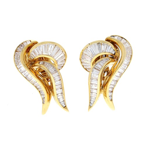 319 - Pair of fancy 18ct yellow gold diamond set earrings, set with baguette and tapered baguette-cut diam... 