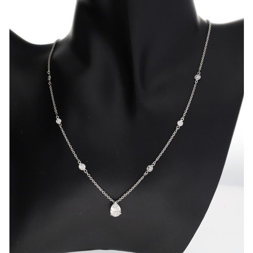 279 - 18ct white gold pear-cut diamond pendant on diamond set necklace set with six round-cut diamonds, th... 