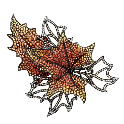 303 - Large multicoloured diamond set leaf  brooch, 47.1gm, 94mm x  57mm approx (370)