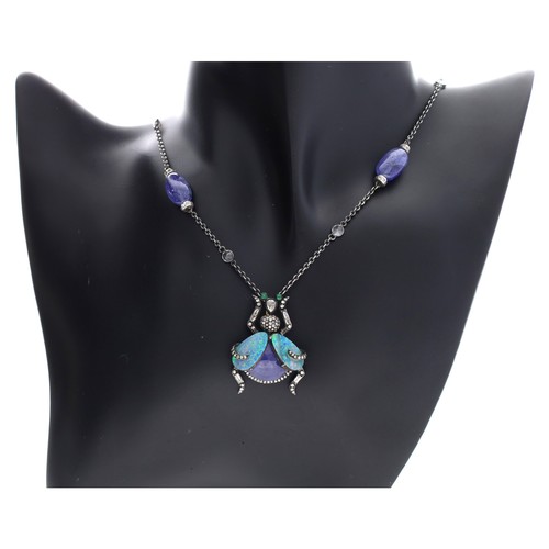 277 - Unusual diamond, opal and gem set bug pendant on necklace, the pendant 34mm x 25mm, 17.5gm, 20