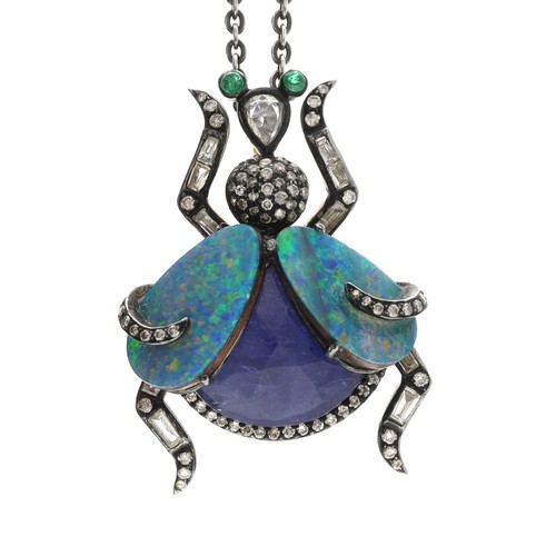 277 - Unusual diamond, opal and gem set bug pendant on necklace, the pendant 34mm x 25mm, 17.5gm, 20