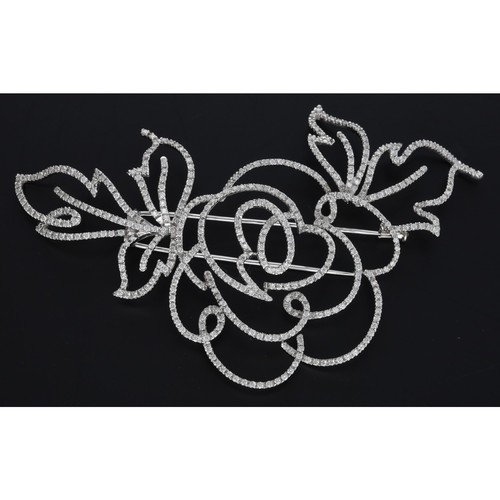 327 - Large 18ct white gold diamond set rose design openwork brooch, round brilliant-cuts, 32gm, 110mm x 7... 