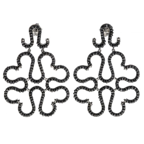 261 - Pair of 18ct rhodium plated black diamond set openwork design earrings, post and butterfly backs, 20... 