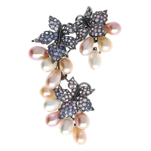 316 - Attractive 18ct rhodium plated pearl and gem set fruiting vine brooch, 30gm, 70mm (309)... 