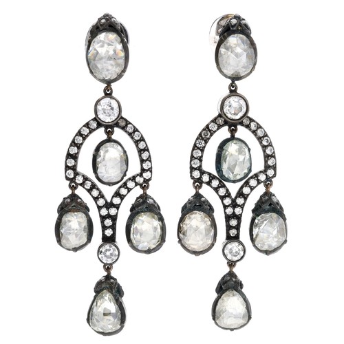 268 - Pair of impressive multi-cut diamond drop earrings in white and yellow metal, each with five oval ro... 