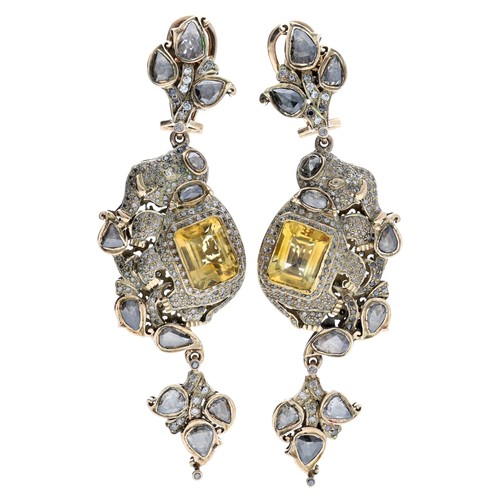 273 - Pair of fancy diamond and citrine set yellow metal drop earrings, with rose-cut pears and pavé set r... 