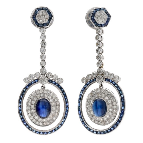 260 - Attractive fine pair of 18ct white gold sapphire and diamond drop earrings, with oval cabouchon sapp... 