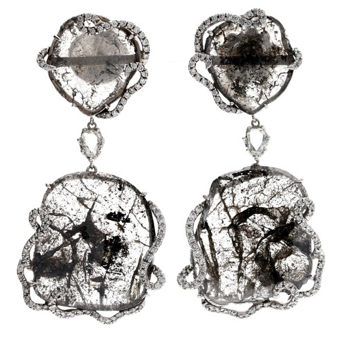 307 - Pair of unusual 18ct white gold sheet diamond and diamond drop earrings, post backs, 19gm, drop 57mm... 