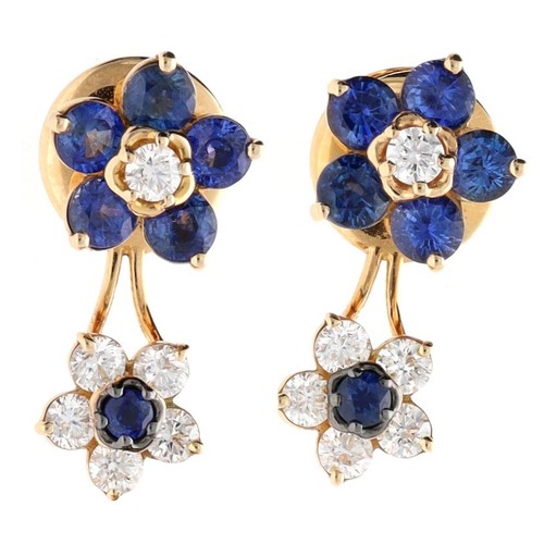 270 - Pair of attractive 18ct rose gold diamond and sapphire earrings with detachable drops, round brillia... 