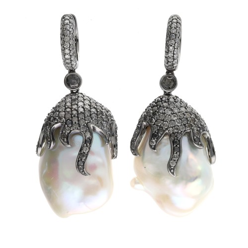 264 - Pair of impressive black and white diamond baroque pearl drop earrings, 23.6gm, drop 47mm (331)... 