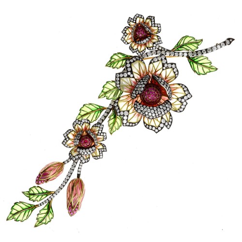 317 - Exquisite pliqué-a-jour, diamond and ruby set flower brooch set in yellow gold, 73gm, 175mm x 70mm; ... 