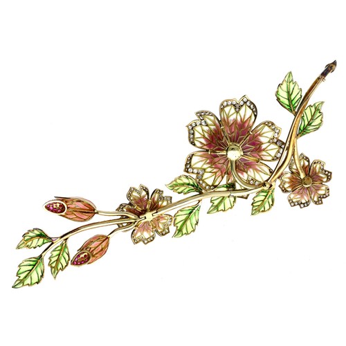 317 - Exquisite pliqué-a-jour, diamond and ruby set flower brooch set in yellow gold, 73gm, 175mm x 70mm; ... 