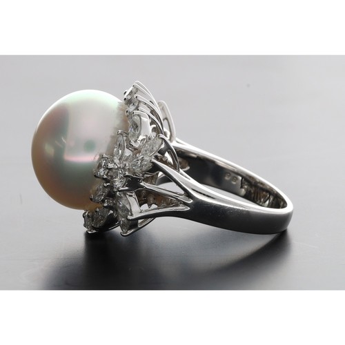 328 - Impressive 18ct white gold cultured pearl and diamond set dress ring, the pearl 16mm in a fine diamo... 