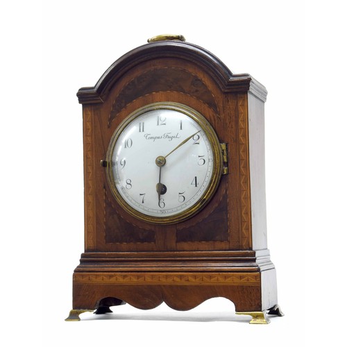 2323 - Attractive small mahogany inlaid mantel clock timepiece with platform escapement, the 4