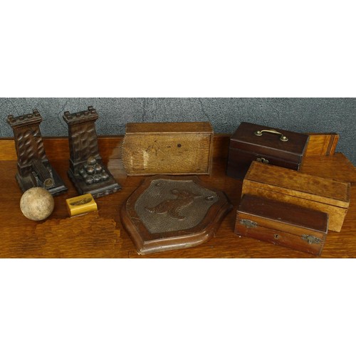 1059 - Collection of assorted treen items to include a mahogany tea caddy, pair of carved bookends, armoria... 