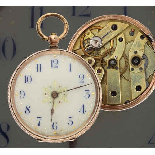 32 - 9ct cylinder engraved fob watch, gilt frosted bar movement, metal cuvette, decorated dial with Arabi... 