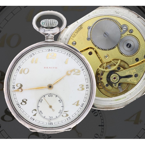 45 - Zenith silver (0.800) lever pocket watch, signed gilt frosted movement, no. 1423688, with compensate... 