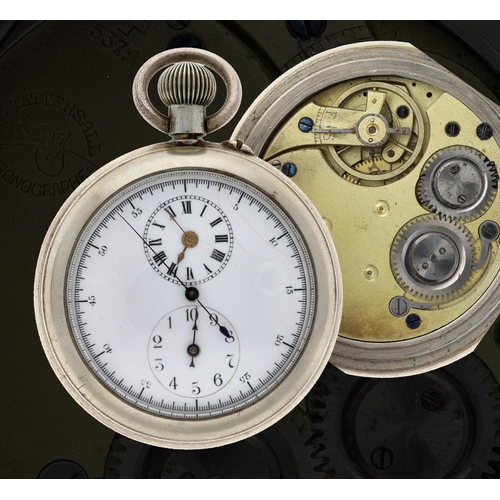 80 - Le Tattersall Chronographe centre seconds nickel cased cylinder pocket watch, signed frosted movemen... 