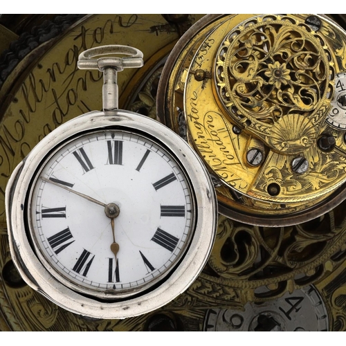 86 - J Millington, London - George III silver verge pair cased pocket watch, London 1761, signed fusee mo... 