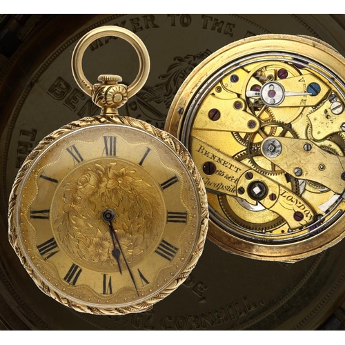 98 - Bennett, London - Attractive 18ct plunge repeating cylinder fob watch, the gilt frosted movement sig... 