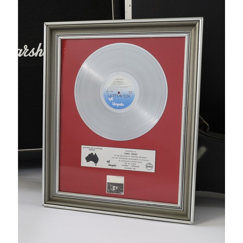 84 - Chris Cross (Ultravox) - Festival Records Australian platinum award presented to Chris Cross by the ... 