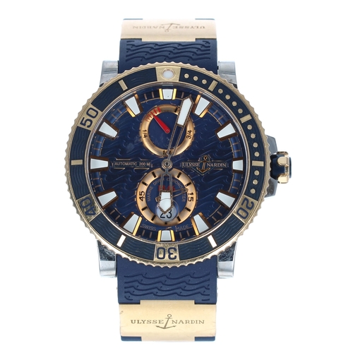 Fine Ulysse Nardin Marine Diver Chronometer 1846 18ct and titanium automatic gentleman's wristwatch, reference no. 265-90-3/93, serial no. 24xx, circa 2014, blue 'wave' dial, blue and gold rotating bezel, screw down crown with quick set date, signed UN026-229725 movement, exhibition case back, blue rubber and 18ct strap with butterfly clasp, 47mm including crown guards