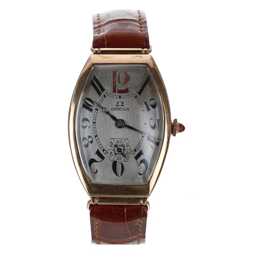 510 - Rare Omega rose gold tonneau gentleman's wristwatch, serial no. 8237xxx, circa 1935, the curved silv... 