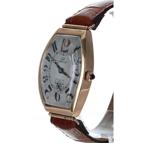 510 - Rare Omega rose gold tonneau gentleman's wristwatch, serial no. 8237xxx, circa 1935, the curved silv... 