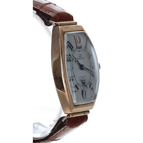 510 - Rare Omega rose gold tonneau gentleman's wristwatch, serial no. 8237xxx, circa 1935, the curved silv... 