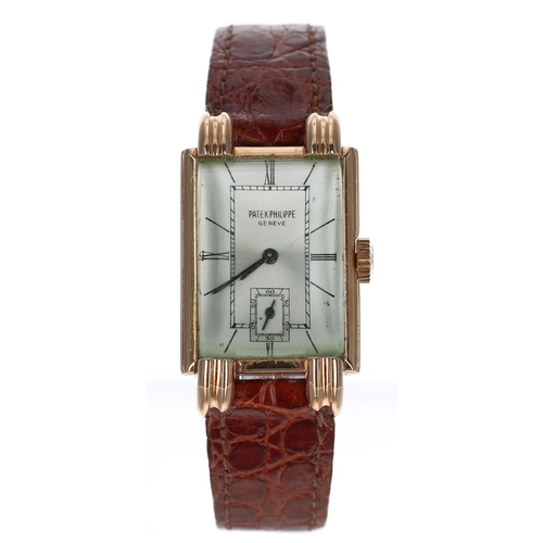 581 - Fine Patek Philippe 18ct rose gold rectangular gentleman's wristwatch, reference no. 1480, case no.5... 