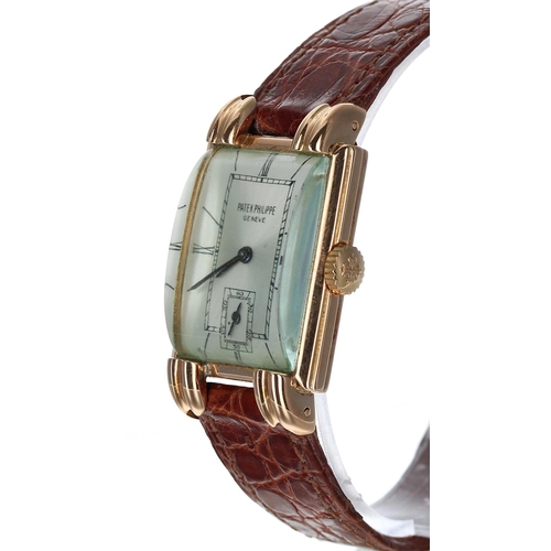 581 - Fine Patek Philippe 18ct rose gold rectangular gentleman's wristwatch, reference no. 1480, case no.5... 