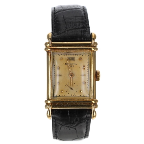 582 - Rare and fine Patek Philippe 18ct rectangular gentleman's wristwatch, reference no. 2400, case no. 5... 