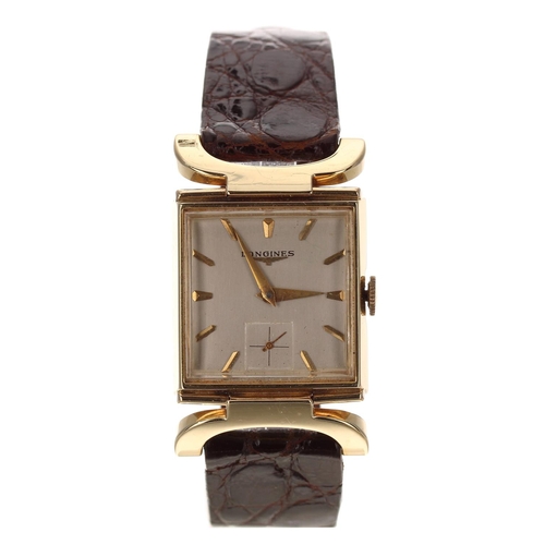 594 - Longines 14ct square cased gentleman's wristwatch with 'cow horn' swing lugs, circa 1951, square sil... 