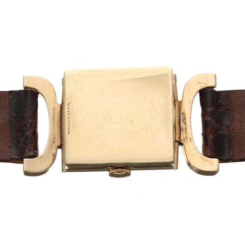 594 - Longines 14ct square cased gentleman's wristwatch with 'cow horn' swing lugs, circa 1951, square sil... 