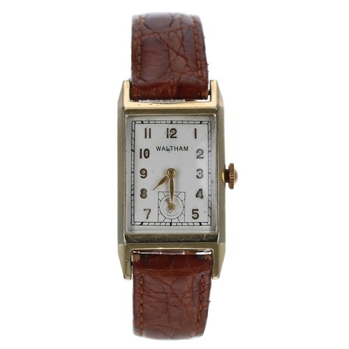 731 - Waltham 14k gold filled rectangular curved gentleman's wristwatch, rectangular silvered dial with gi... 