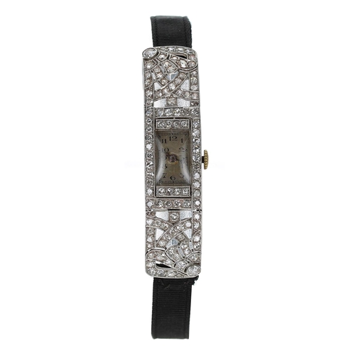 730 - Attractive Art Deco platinum diamond set lady's cocktail wristwatch, rectangular silvered dial with ... 