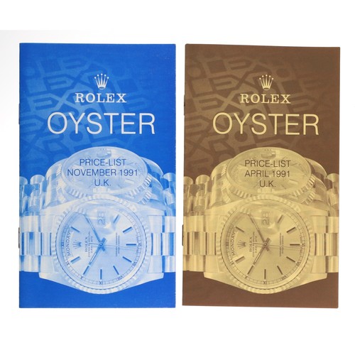 765 - Rolex - Two Rolex Oyster catalogue booklets, circa 1991; each with Rolex Oyster Price List April 199... 