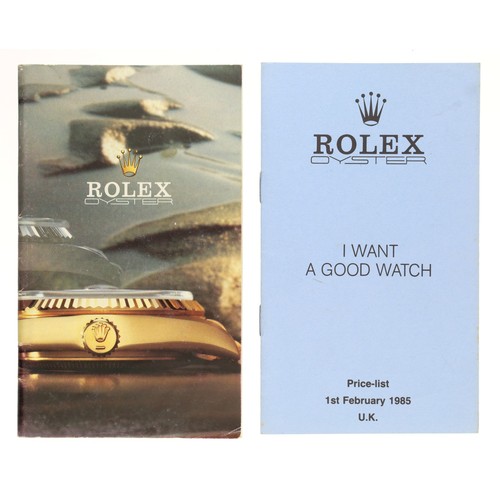 775 - Rolex - Rolex Oyster catalogue booklet, circa 1985; with Rolex Oyster Price List 1st February 1985 U... 