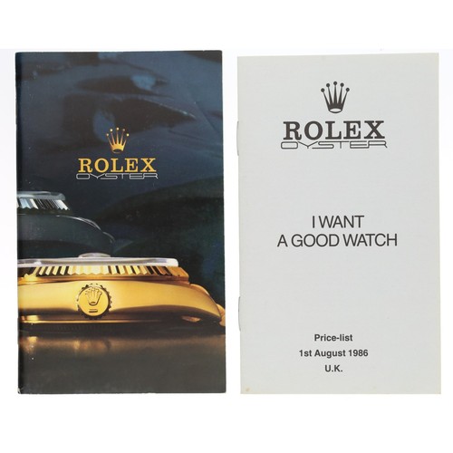 776 - Rolex - Rolex Oyster catalogue booklet, circa 1986; with Rolex Oyster Price List 1st August 1986 U.K... 