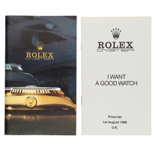 777 - Rolex - Rolex Oyster catalogue booklet, circa 1988; with Rolex Oyster Price List 1st August 1988 U.K... 