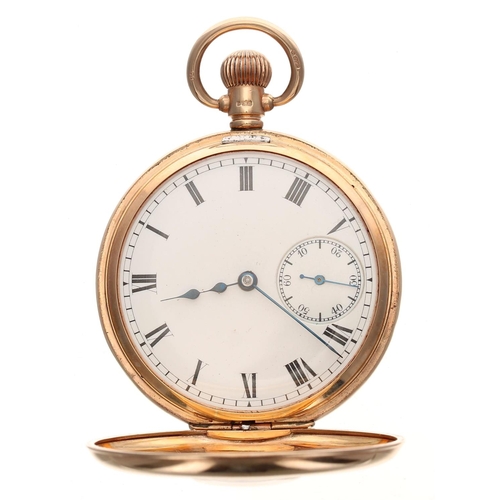 863 - American Waltham Traveler 9ct half hunter pocket watch, Birmingham 1914,signed gilt lever movement, ... 