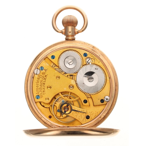 863 - American Waltham Traveler 9ct half hunter pocket watch, Birmingham 1914,signed gilt lever movement, ... 