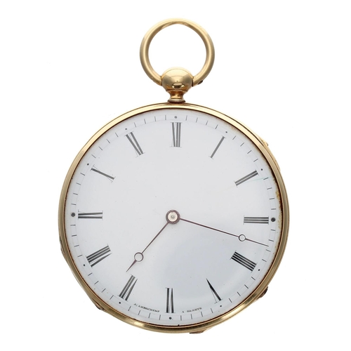 950 - Baumgart - Swiss gold quarter repeating cylinder pocket watch, unsigned gilt frosted movement with g... 