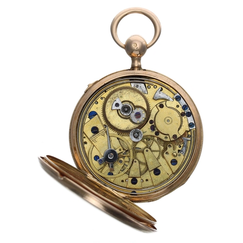 885 - French early 19th century 18ct slim gold quarter repeating cylinder pocket watch, the gilt frosted m... 