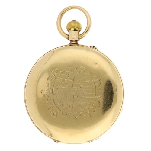 875 - Victorian 18ct lever hunter pocket watch, Chester 1896, unsigned gilt frosted three quarter plate mo... 