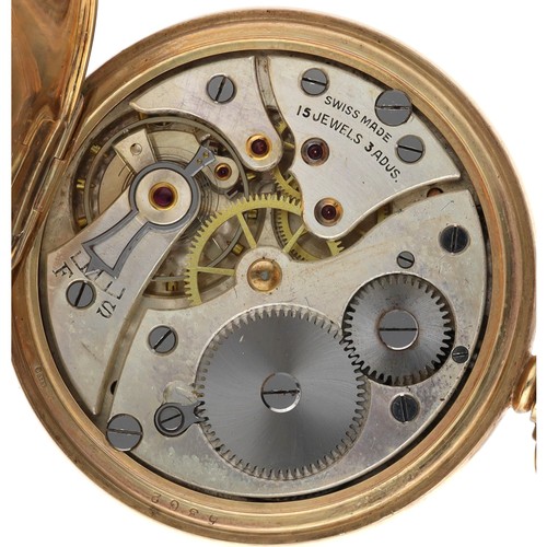 911 - Swiss 9ct lever hunter pocket watch, Birmingham 1934, 15 jewel 3 adjs. movement with compensated bal... 