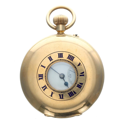 945 - George V 18ct half hunter lever pocket watch, Birmingham 1923, gilt frosted three quarter plate move... 